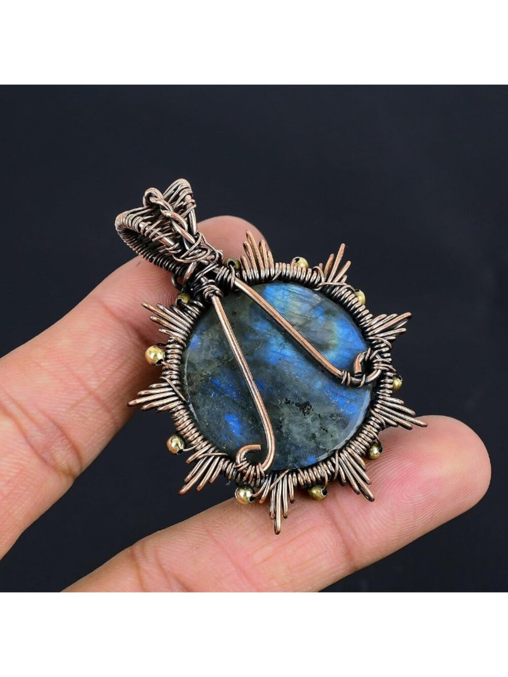 Handmade Blue Flashy Labradorite Pendant Necklace, Copper Wire Wrapped Jewelry - Picture 5 of 7